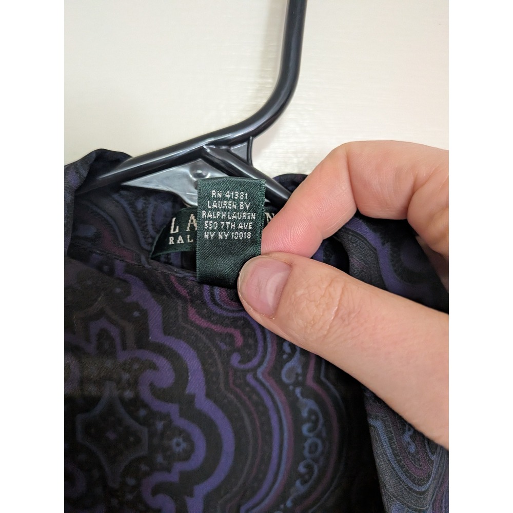 Lauren Ralph Lauren Purple Black Paisley 100% Silk Ruffle Front Blouse Large - Picture 3 of 9
